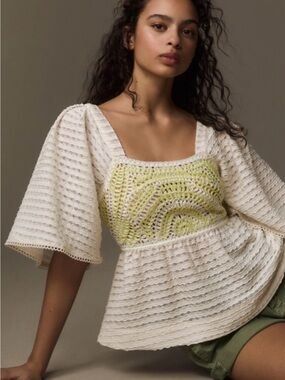Sarah Hann Crochet Flutter Sleeve Top Size M